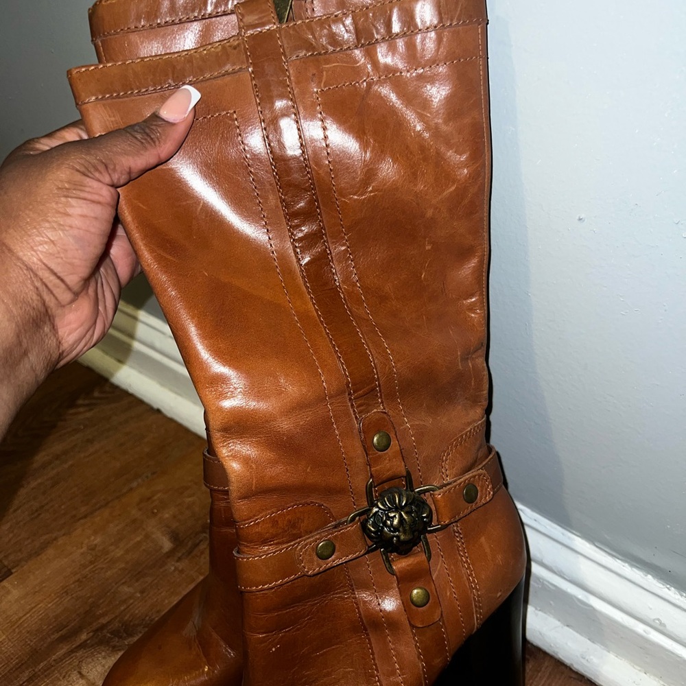 Anne Klein Brown Leather Chunky Heel Boots - Picture 2 of 6